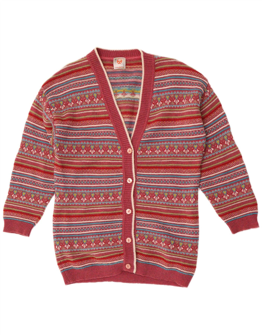 Suéter cardigã feminino Stefanel Reino Unido 14 médio vermelho Fair Isle lã