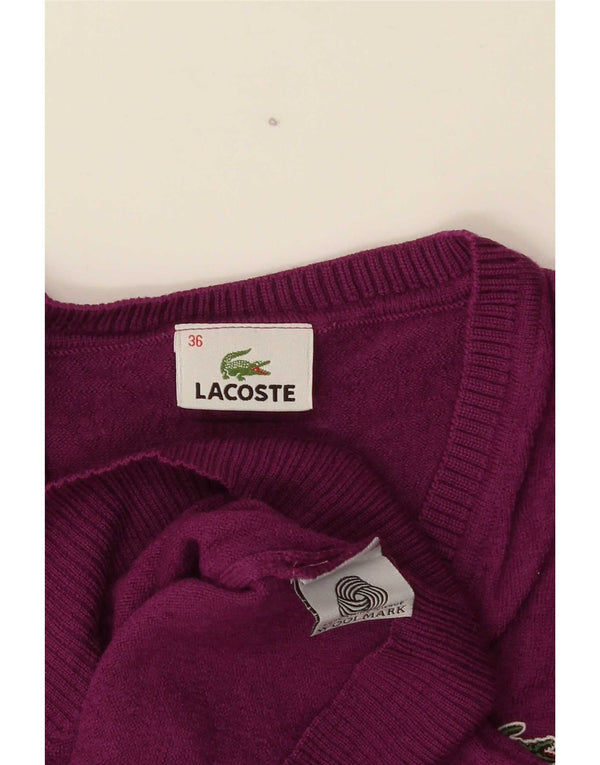 Suéter feminino Lacoste com decote em V tamanho 36 pequeno de lã roxa