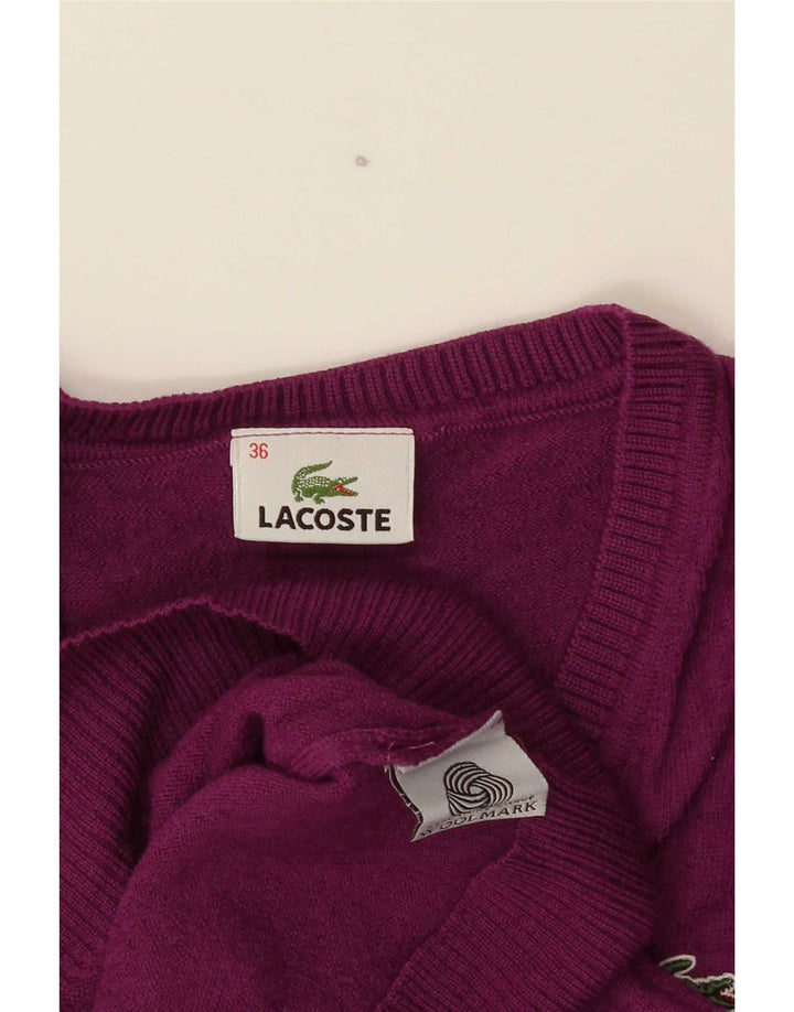 Suéter feminino Lacoste com decote em V tamanho 36 pequeno de lã roxa
