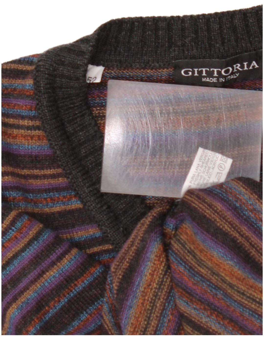 Suéter masculino VINTAGE com decote em V IT 52 grande lã listrada multicolorida