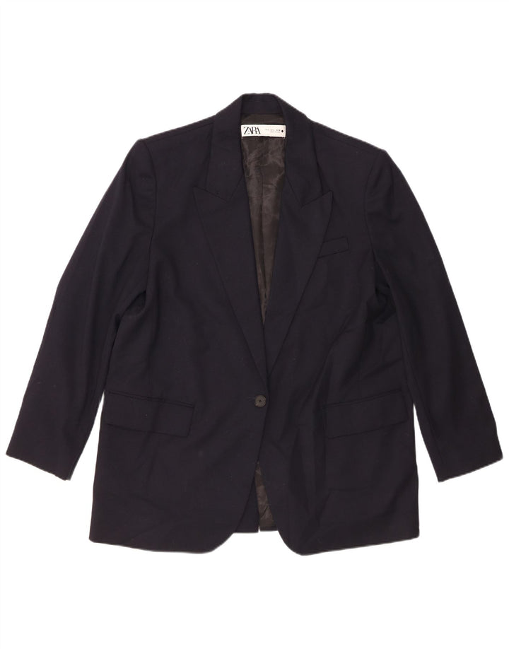 Jaqueta blazer feminina Zara com 1 botão Reino Unido 16 grande poliéster azul marinho