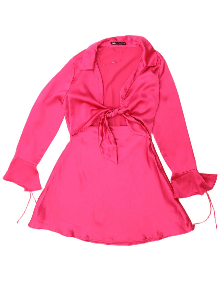 Vestido feminino Zara manga comprida evasê Reino Unido 14 poliéster rosa médio