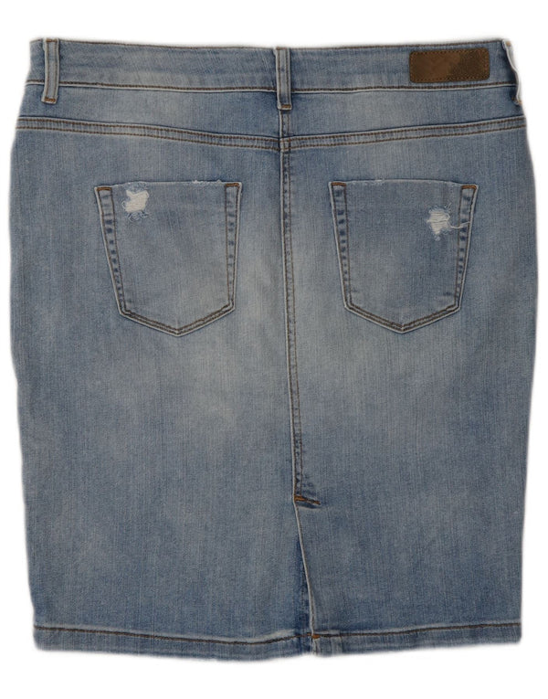 Saia jeans feminina Marks & Spencer desgastada Reino Unido 14 grande W34 algodão azul