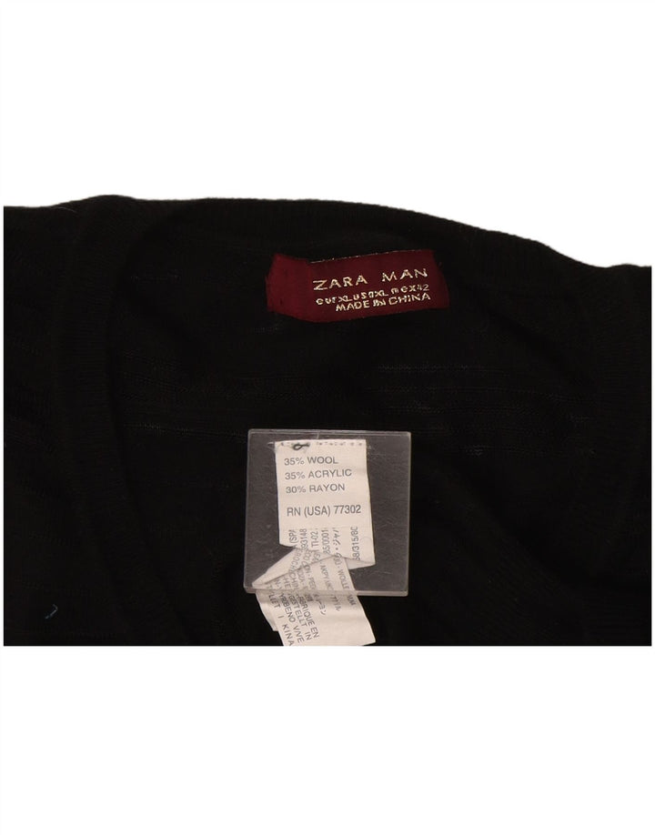 Zara Suéter masculino transparente com decote em V XL lã preta