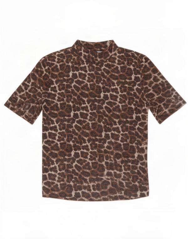 Camiseta feminina Zara Trafaluc Top UK 10 pequena estampa animal marrom