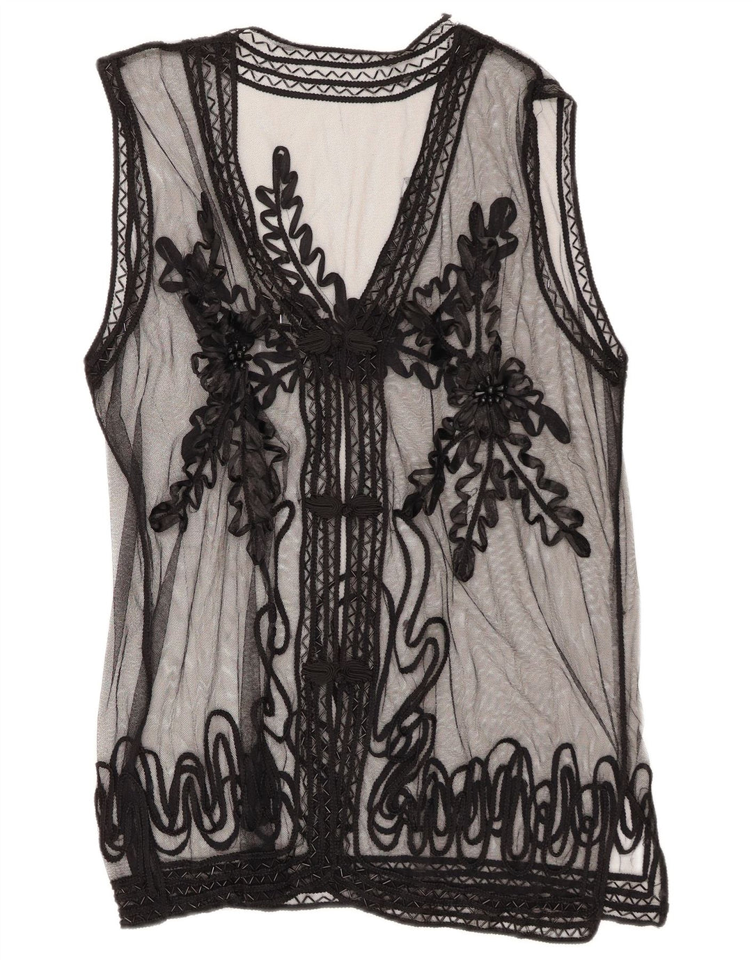 Blusa feminina vintage transparente Reino Unido 14 médio preto floral