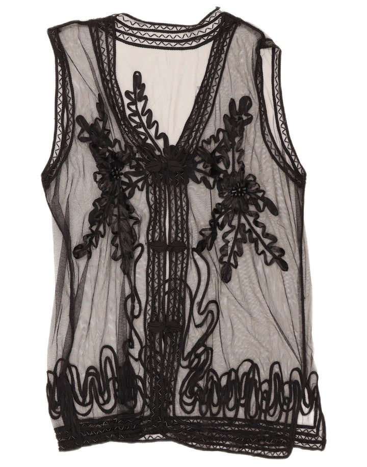 Blusa feminina vintage transparente Reino Unido 14 médio preto floral