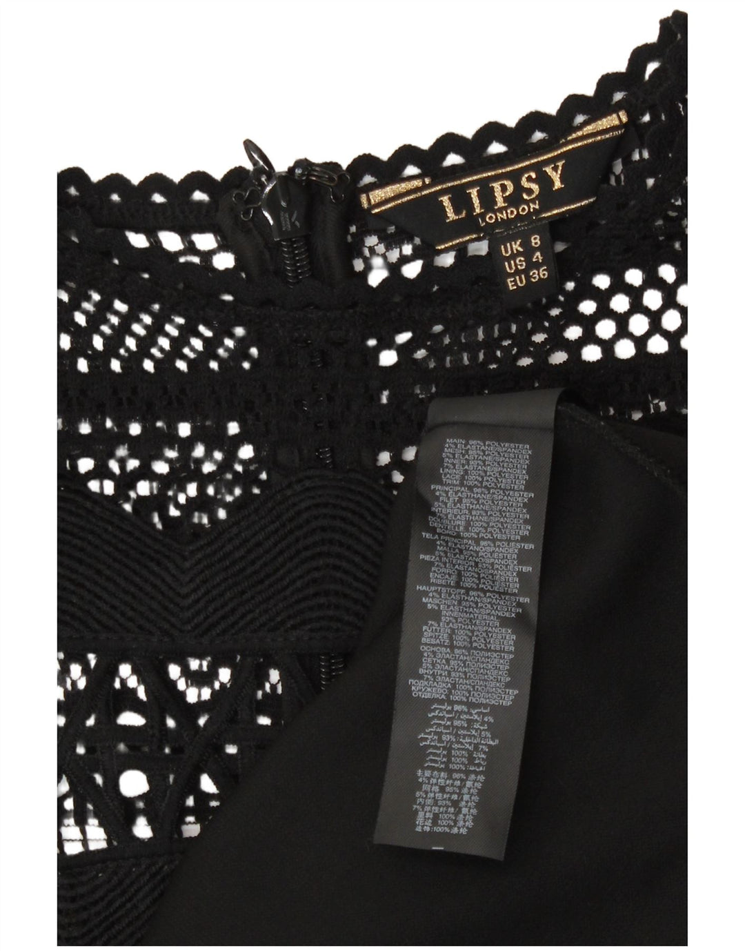 Lipsy Vestido feminino sem mangas com bainha UK 8 pequeno poliéster preto