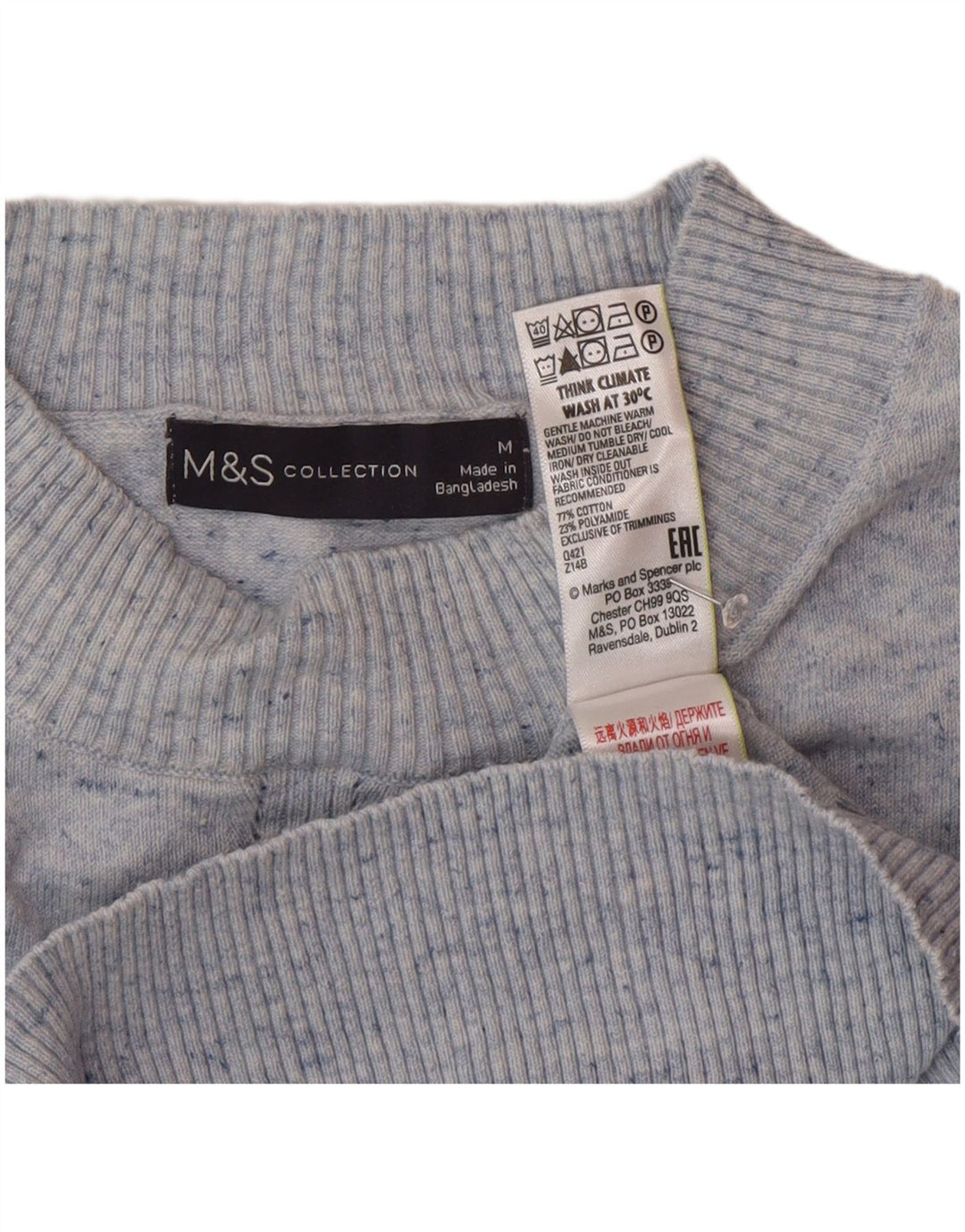 Suéter feminino Marks & Spencer com gola redonda Reino Unido 14 médio azul manchado