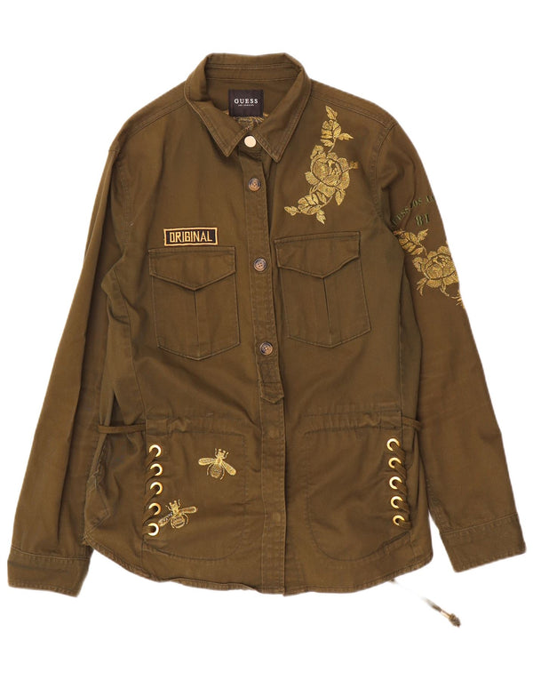 Jaqueta militar gráfica feminina Guess UK 12 médio cáqui floral