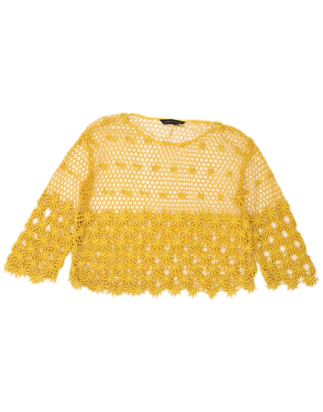 Top feminino de crochê transparente Zara manga 3/4 Reino Unido 14 amarelo médio