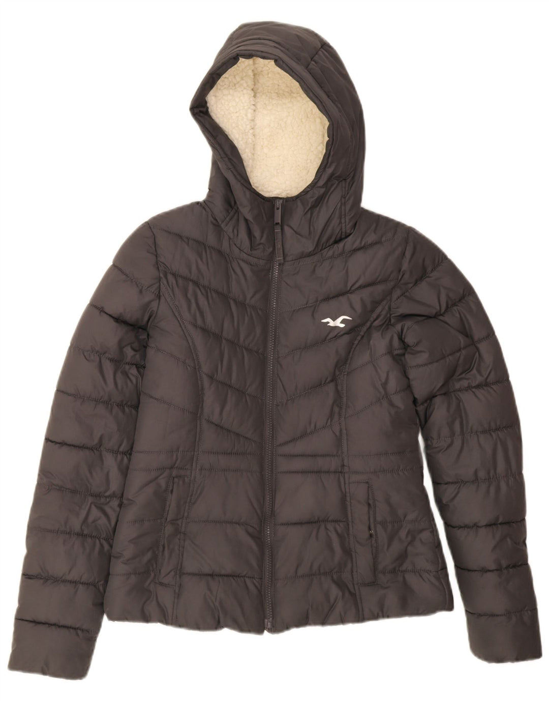 Jaqueta acolchoada com capuz feminina Hollister UK 6 XS poliéster cinza