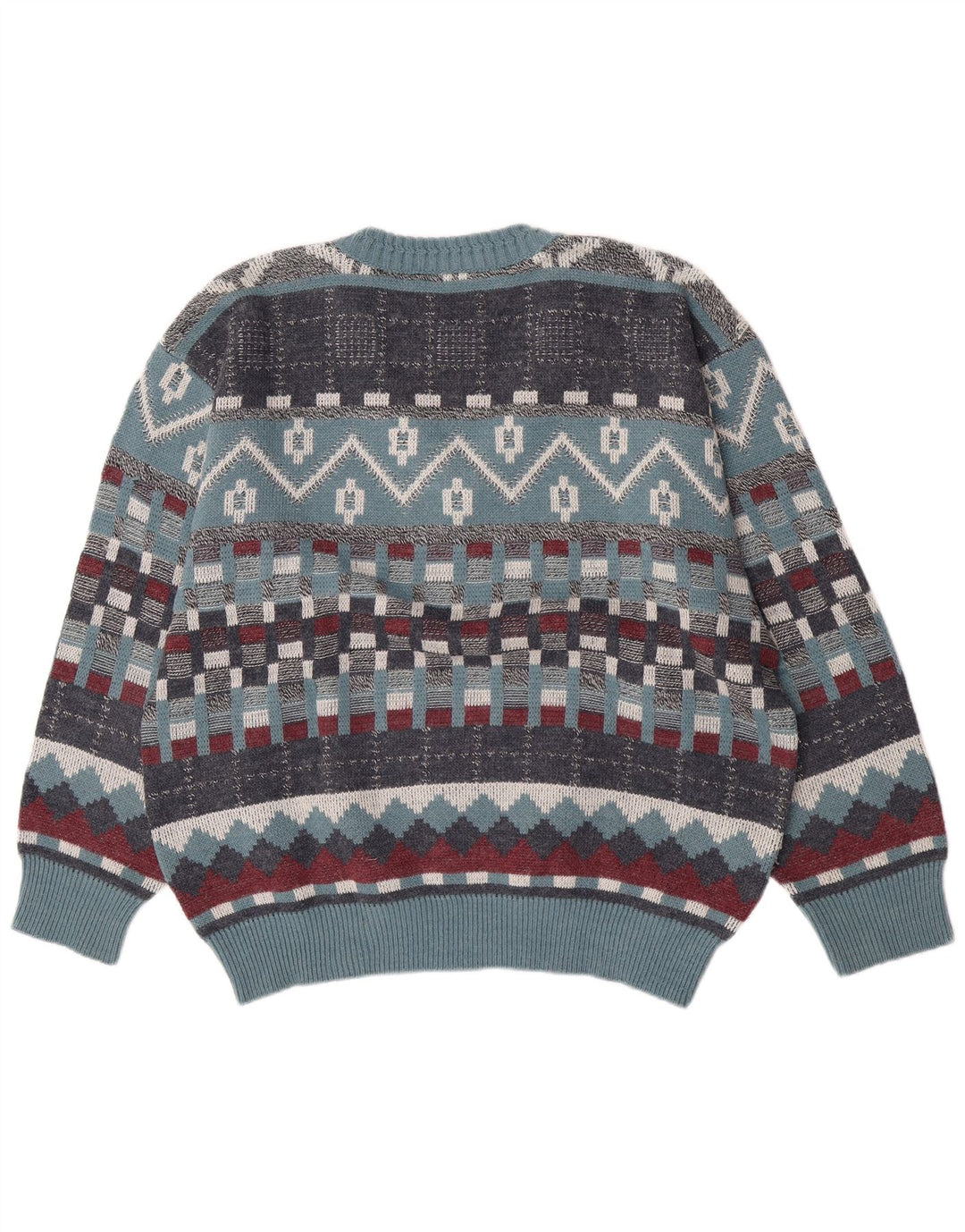 Suéter masculino vintage com decote em V grande lã geométrica azul