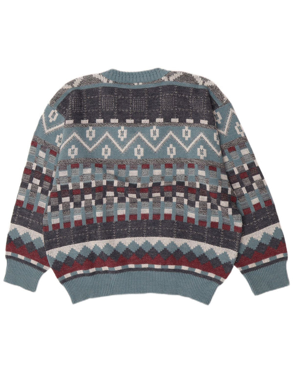Suéter masculino vintage com decote em V grande lã geométrica azul
