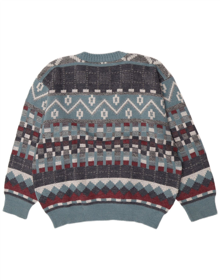 Suéter masculino vintage com decote em V grande lã geométrica azul