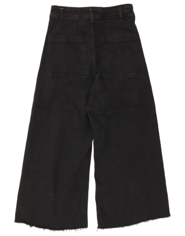 Zara Calça jeans feminina capri cintura alta perna larga EUA 34 2XS W24 L22 algodão preto