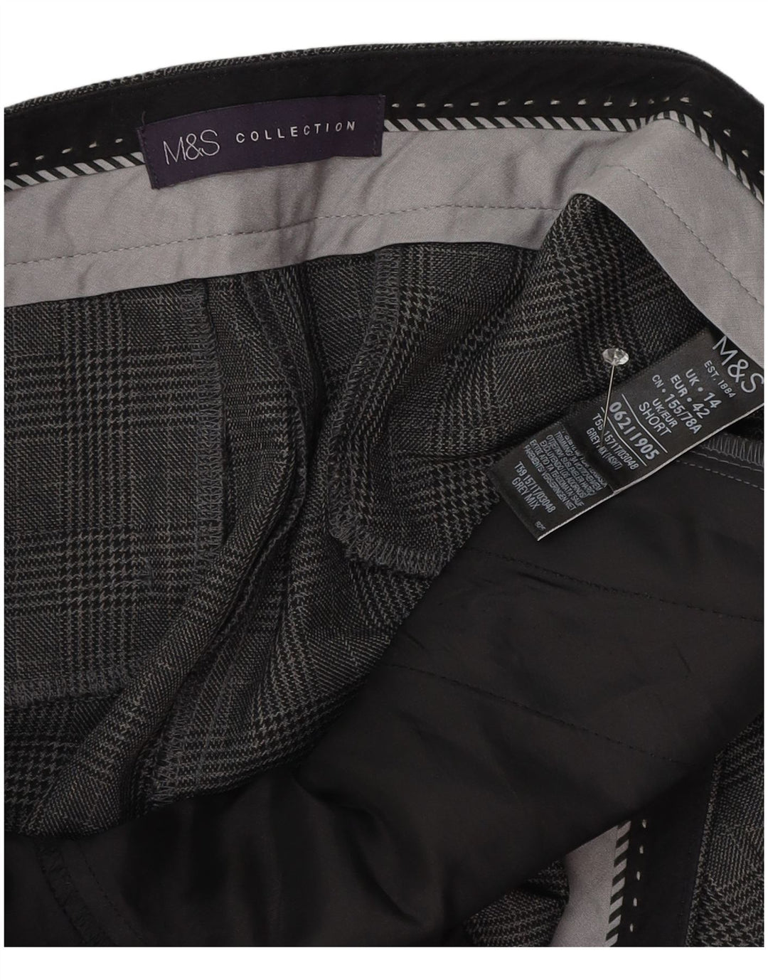 Calças cortadas femininas Marks & Spencer UK 14 grandes W34 L25 xadrez cinza