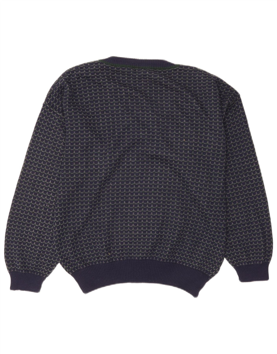 Suéter masculino vintage com decote em V grande lã geométrica azul marinho