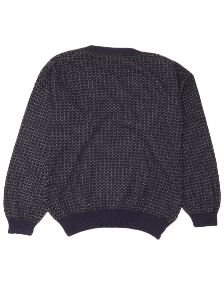 Suéter masculino vintage com decote em V grande lã geométrica azul marinho