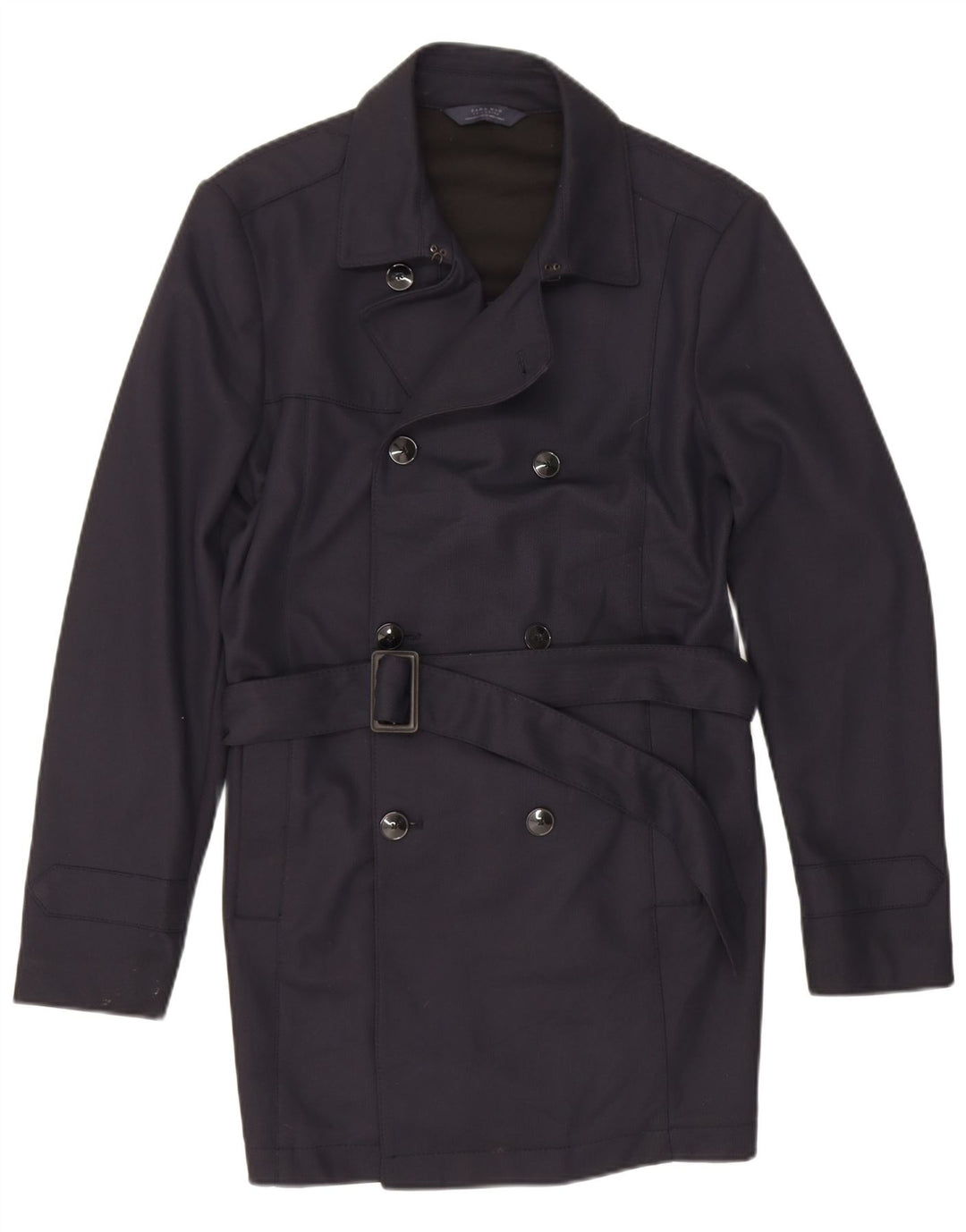 Zara Mens Trench Coat UK 40 Poliéster Azul Marinho Médio