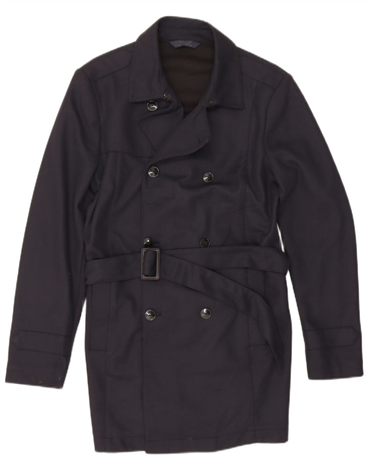 Zara Mens Trench Coat UK 40 Poliéster Azul Marinho Médio