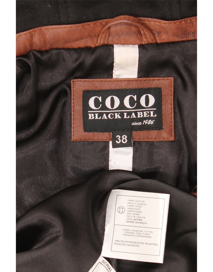 Jaqueta de motociclista feminina vintage com capuz UE 38 bloco colorido marrom médio