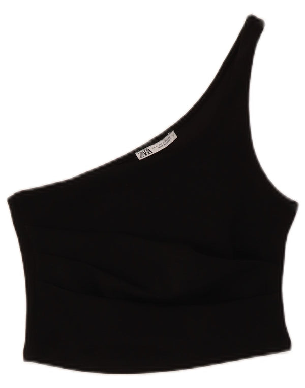 Zara Womens Crop One Ombro Top UK 8 Pequeno Poliéster Preto