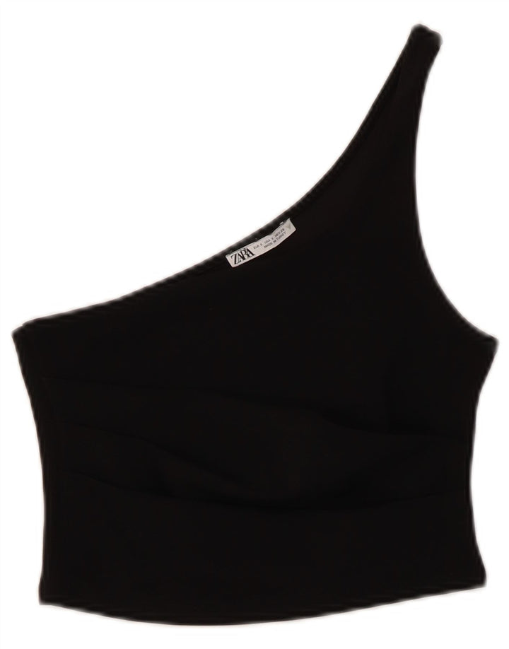 Zara Womens Crop One Ombro Top UK 8 Pequeno Poliéster Preto
