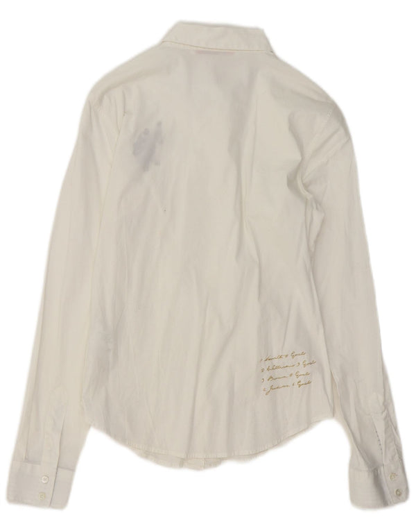 US Polo Assn. Camisa feminina estampada frontal com babados UK 10 algodão branco pequeno