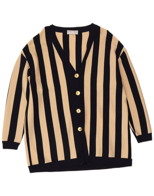 Suéter cardigã feminino vintage Reino Unido 16 grande listrado azul marinho