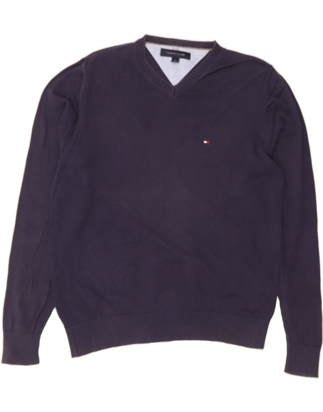 TOMMY HILFIGER Mens V-Neck Jumper Sweater XS Navy Blue Cotton Vintage Tommy Hilfiger and Second-Hand Tommy Hilfiger from Messina Hembry 