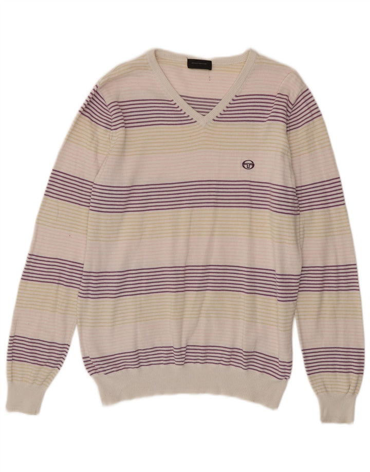 SERGIO TACCHINI Suéter masculino com decote em V pequeno listrado multicolorido