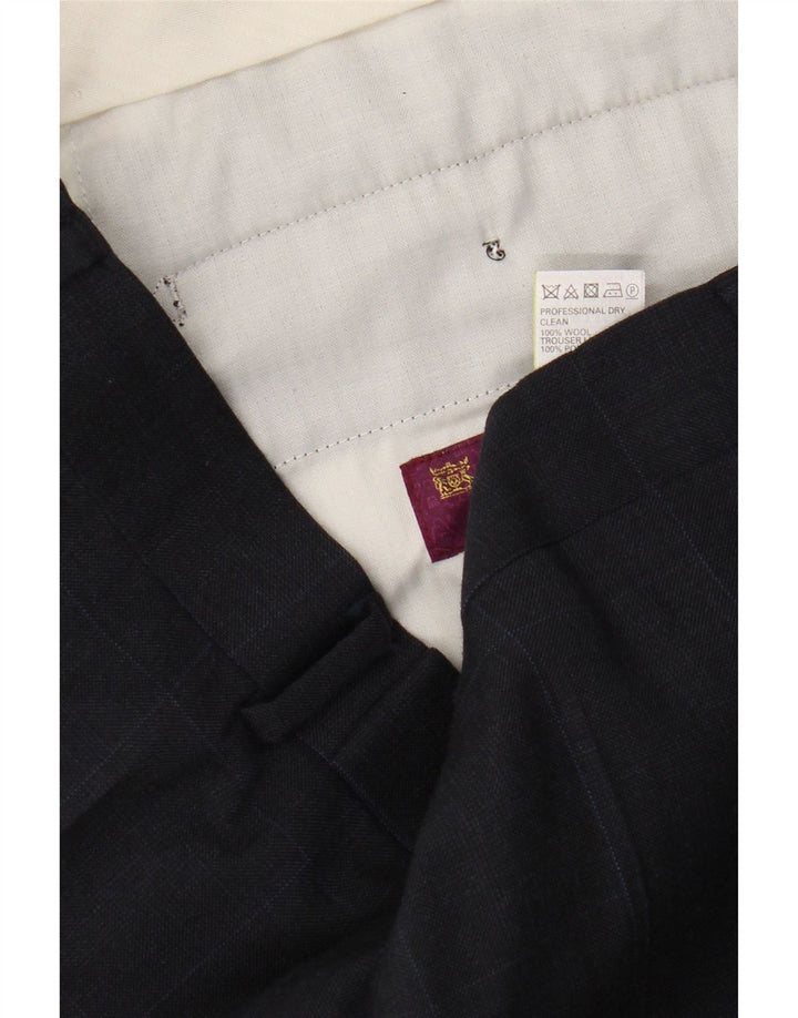 Calça masculina de terno reto Marks & Spencer W38 L29 azul marinho xadrez lã
