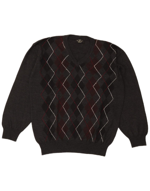 Vintage Mens V-Neck Jumper Sweater XL Grey Argyle/Diamond Wool
