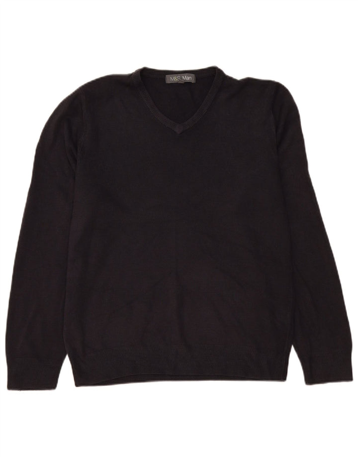 Suéter masculino Marks & Spencer com decote em V médio azul marinho acrílico