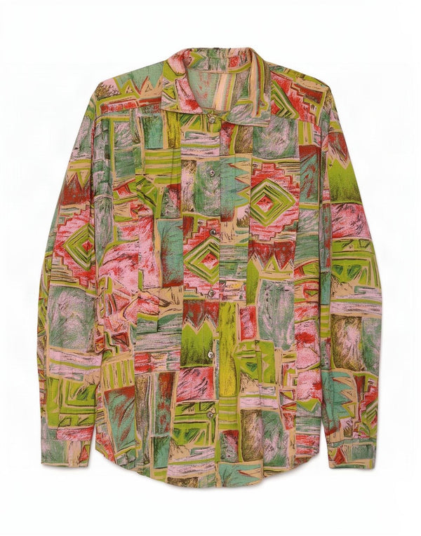 Camisa feminina vintage UK 16 grande geométrica multicolorida