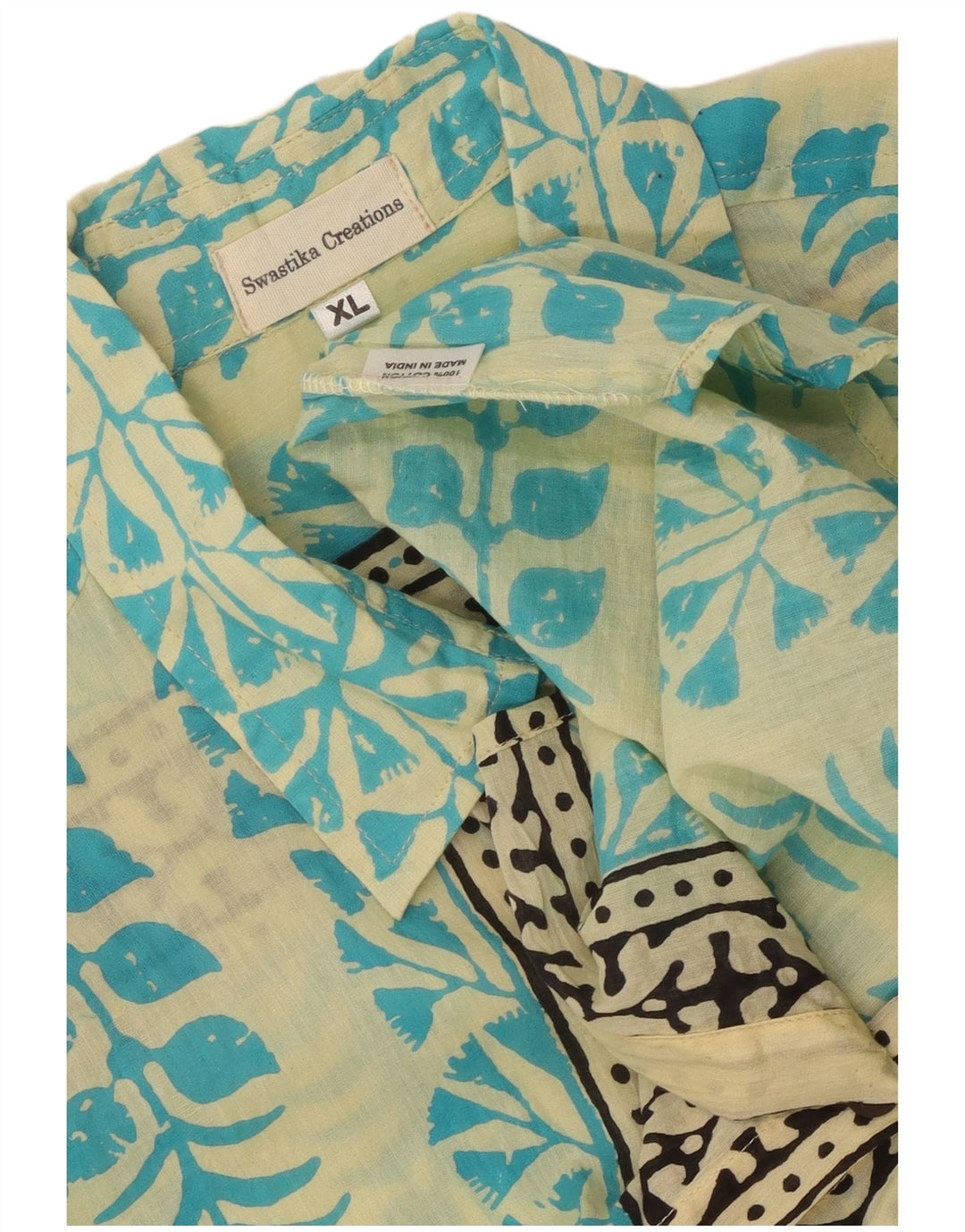 Vintage masculino abstrato Padrão camisa de manga curta XL azul algodão étnico