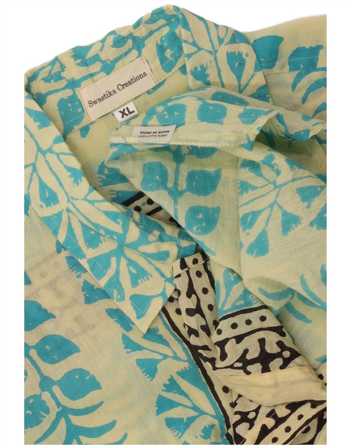 Vintage masculino abstrato Padrão camisa de manga curta XL azul algodão étnico