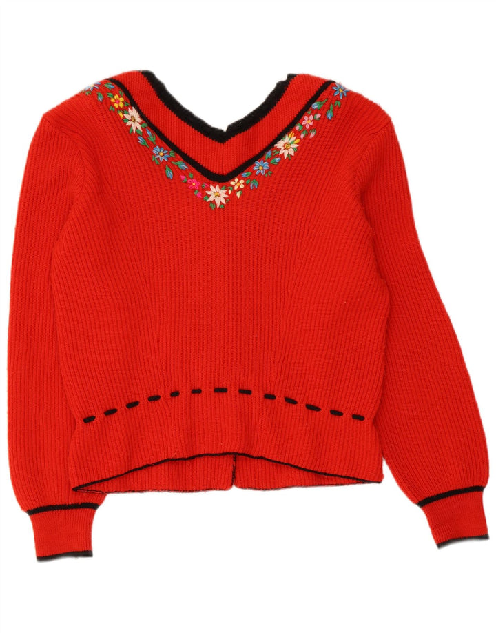 Suéter cardigã feminino vintage Reino Unido 14 floral vermelho médio