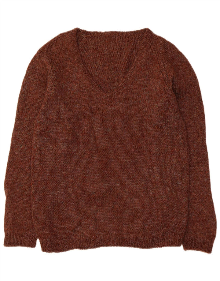 Suéter feminino vintage com decote em V Reino Unido 14 marrom médio manchado
