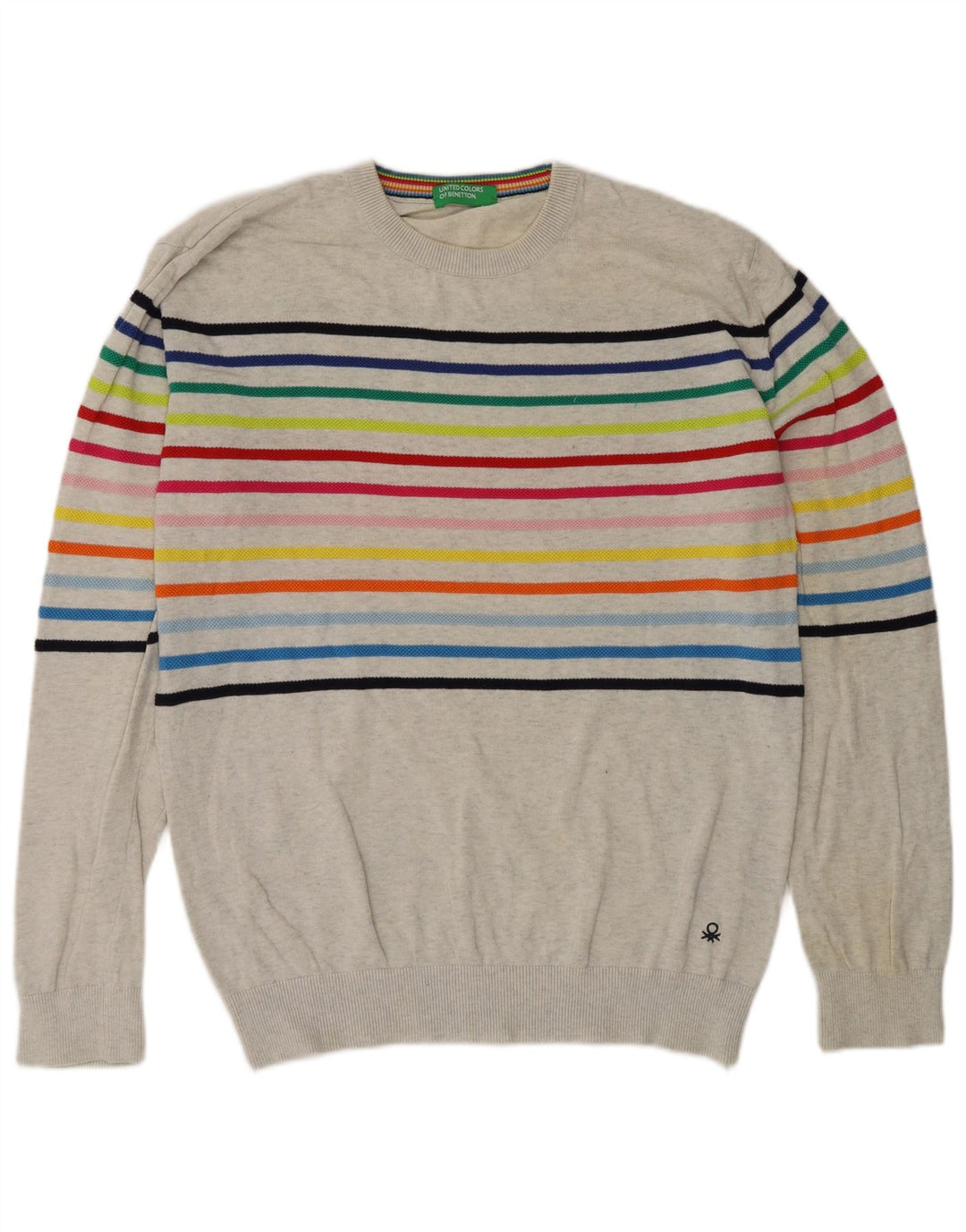Suéter masculino Benetton com gola redonda listrado cinza médio