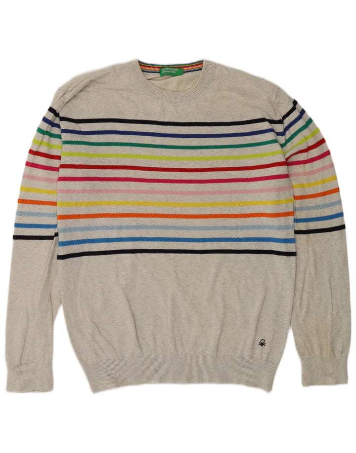 Suéter masculino Benetton com gola redonda listrado cinza médio