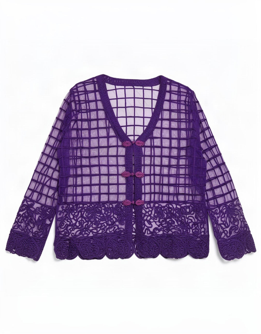 Blusa feminina vintage transparente Reino Unido 14 médio roxo geométrico