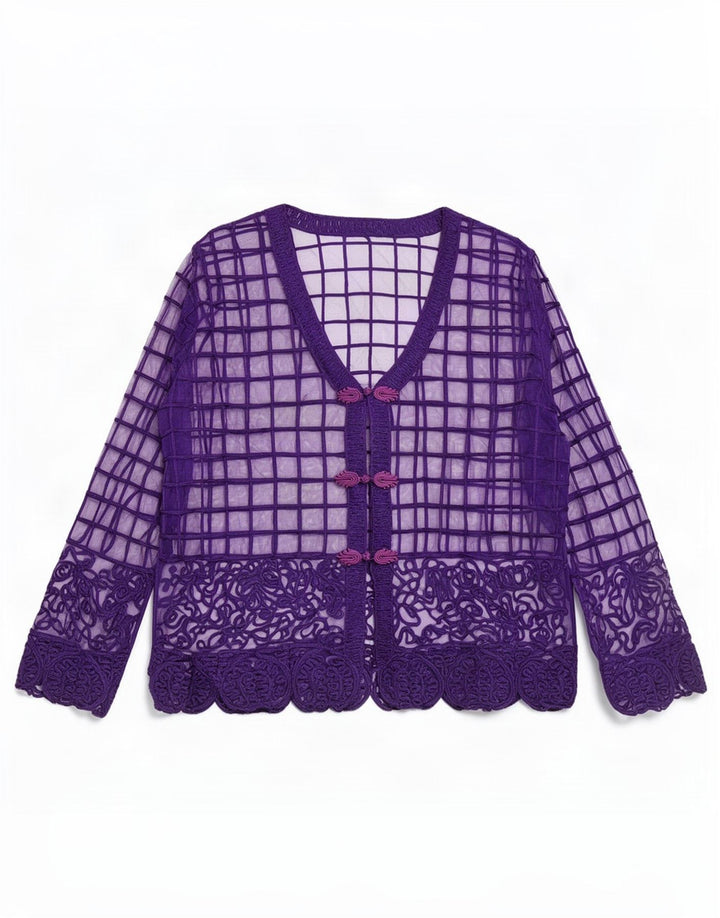 Blusa feminina vintage transparente Reino Unido 14 médio roxo geométrico
