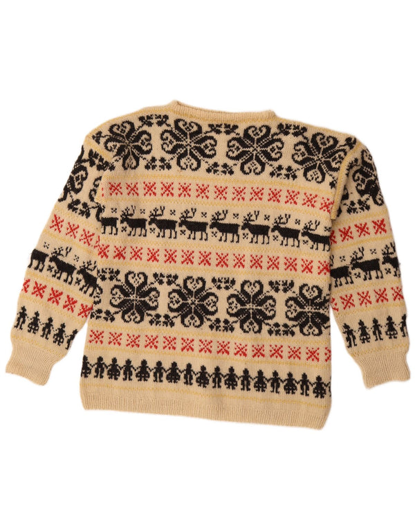 Suéter feminino vintage com gola redonda UK 18 XL bege Fair Isle