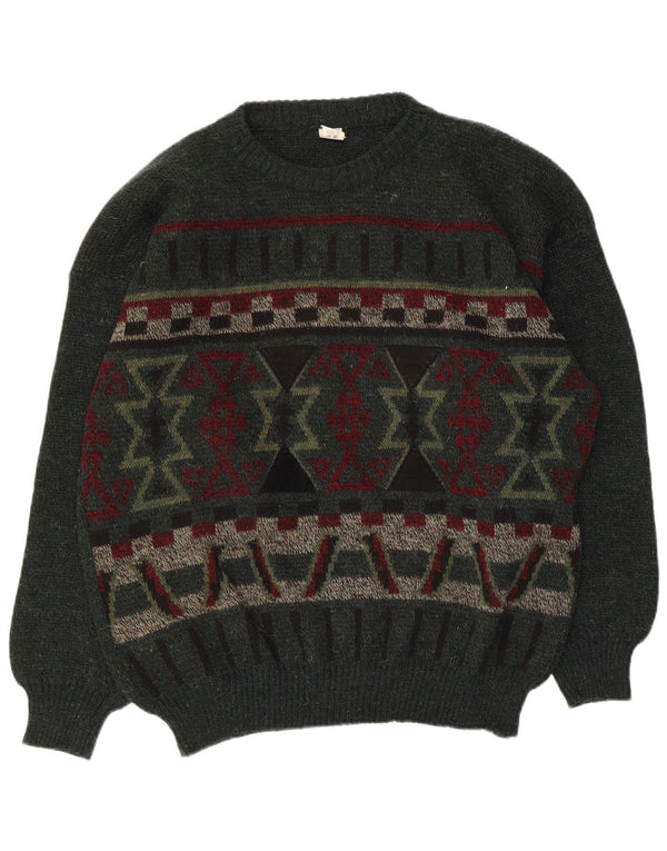 Suéter vintage masculino com gola redonda, grande acrílico geométrico verde