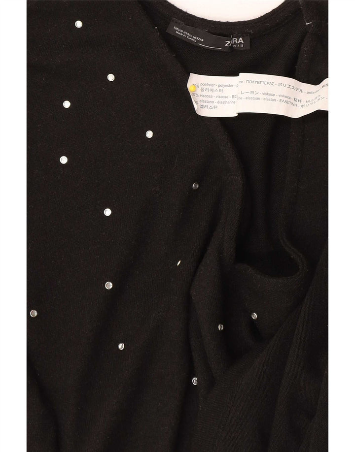 Top feminino Zara manga comprida UK 14 poliéster manchado preto médio