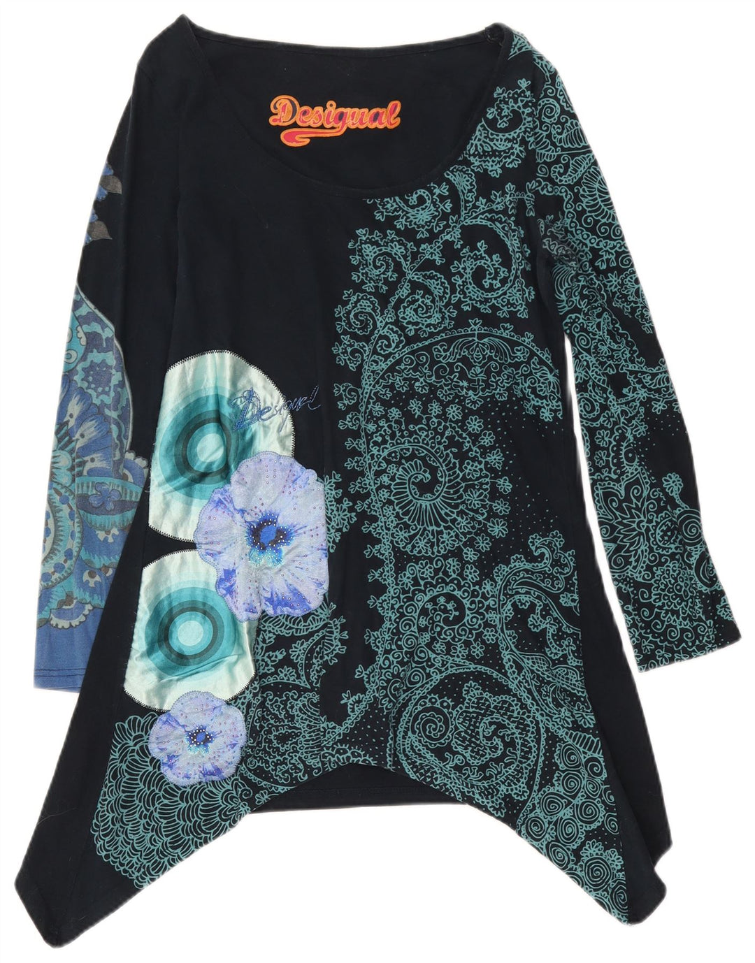 Desigual Top túnica feminina gráfica assimétrica UK 12 médio preto floral