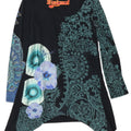 Desigual Top túnica feminina gráfica assimétrica UK 12 médio preto floral