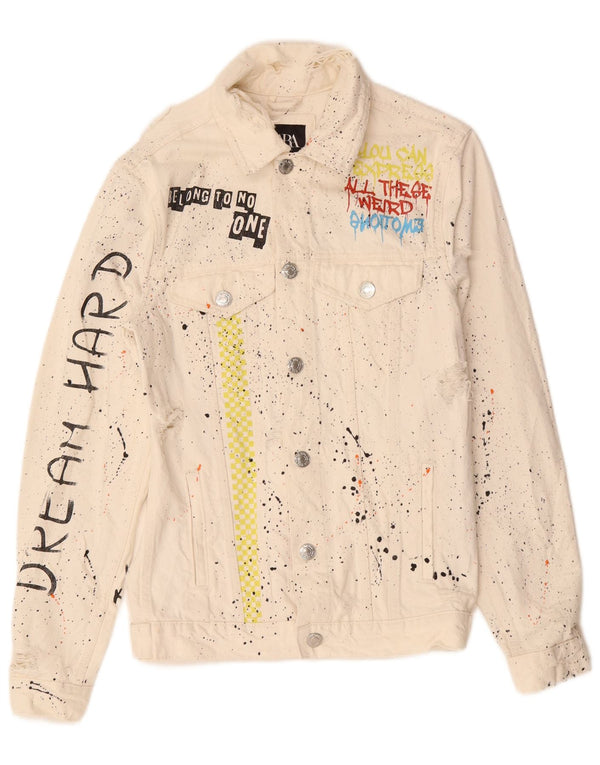 Zara Mens Graphic Denim Jacket UK 36 Small White Flecked Cotton